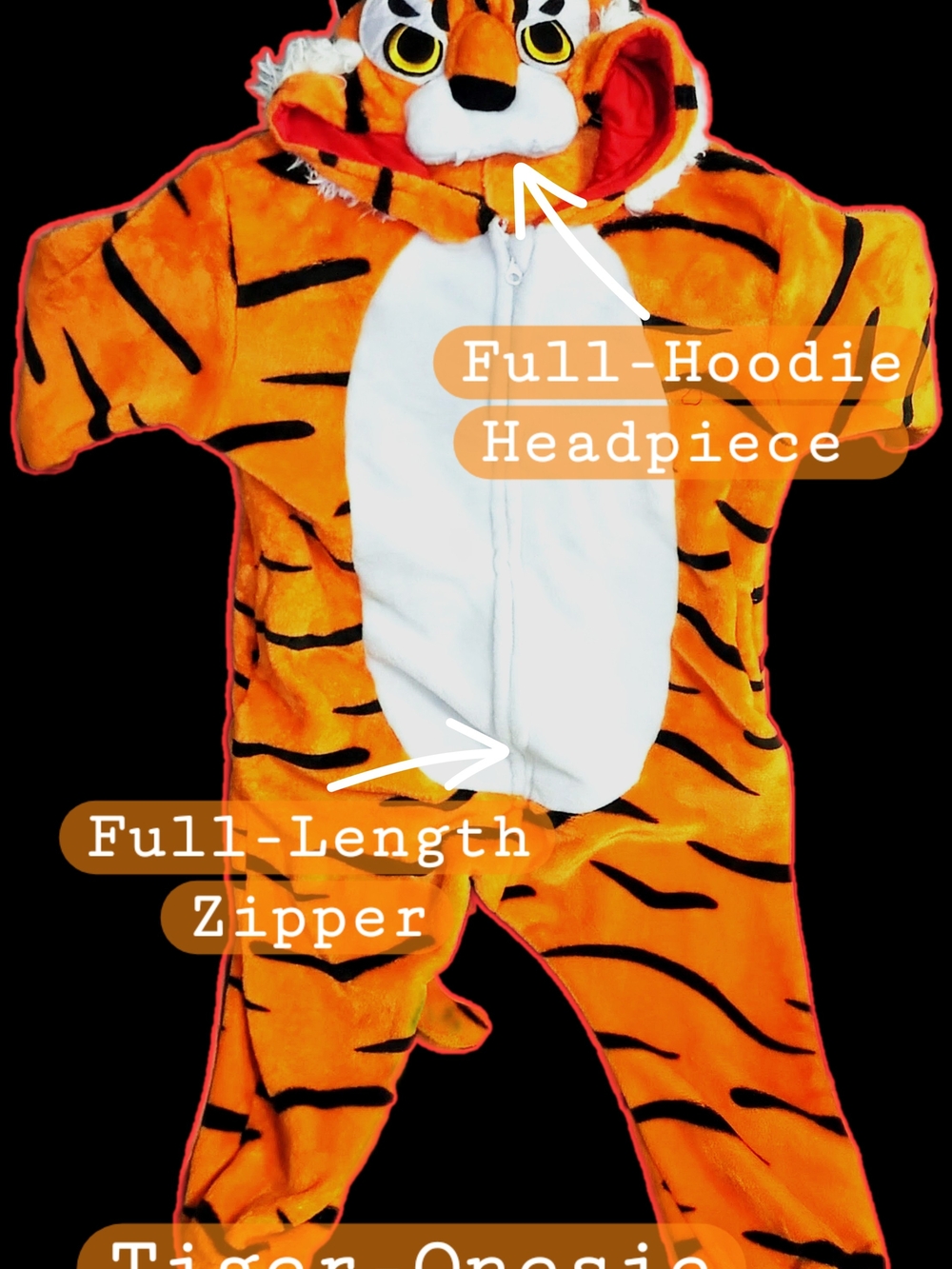 Cozy Orange Tiger Kids One-Piece with Hood & Pokemon' Pikachu Floppy Ears